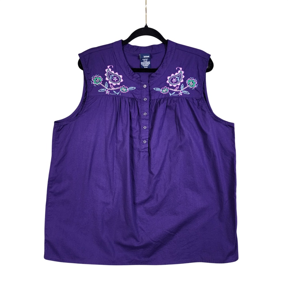 Basic Editions Womens Purple Embroidered Sleeveless Cotton Blouse Plus Size XXL